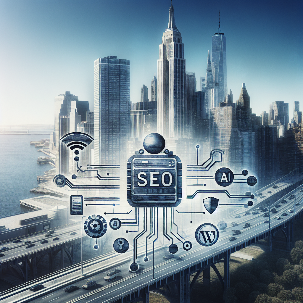 A close-up image of a laptop screen displaying the SEO AI Blog Plugin for Wordpress in action, with New York City skyline ...